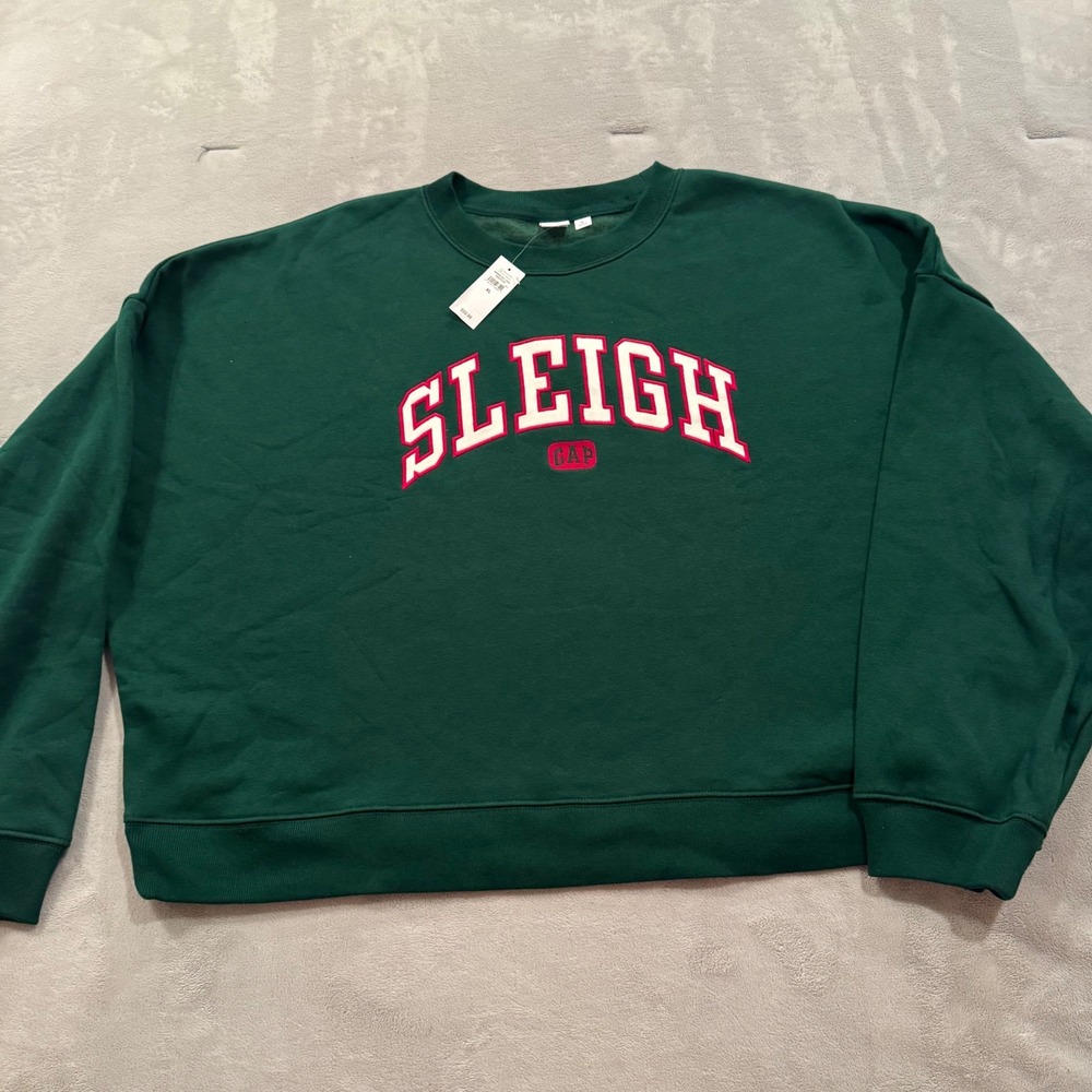 Gap Womens Sleigh Graphic Sweatshirt Green Holiday Crewneck XL Christmas NWT‎